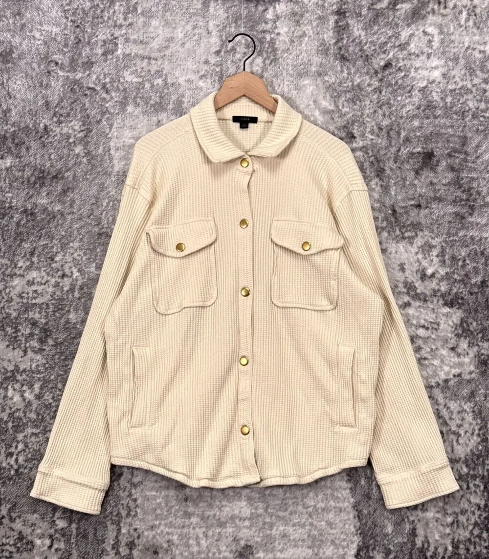 J Crew Shirt Jacket XXL Womens Waffle Knit Ivory Cream Snap Front